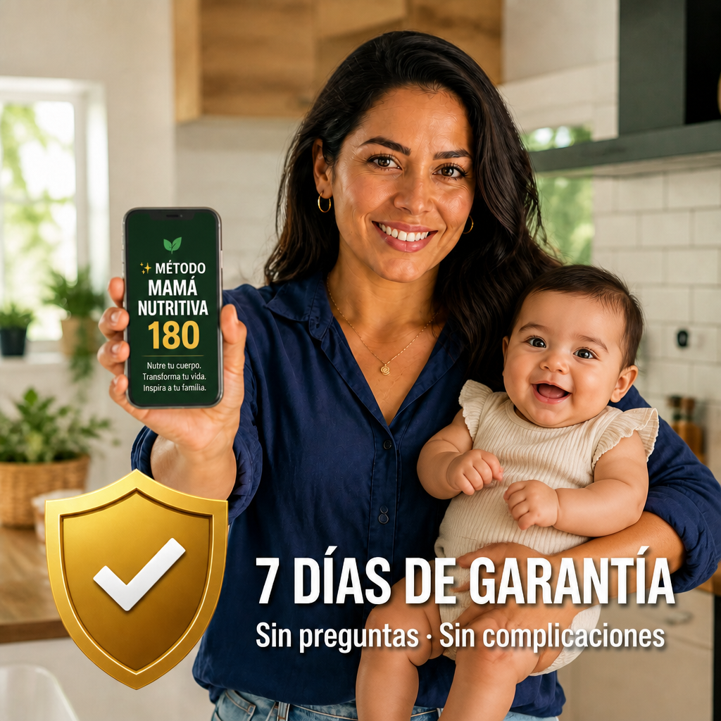 Mamá feliz con su bebé sosteniendo el Método Mamá Nutritiva 180 — 7 días de garantía